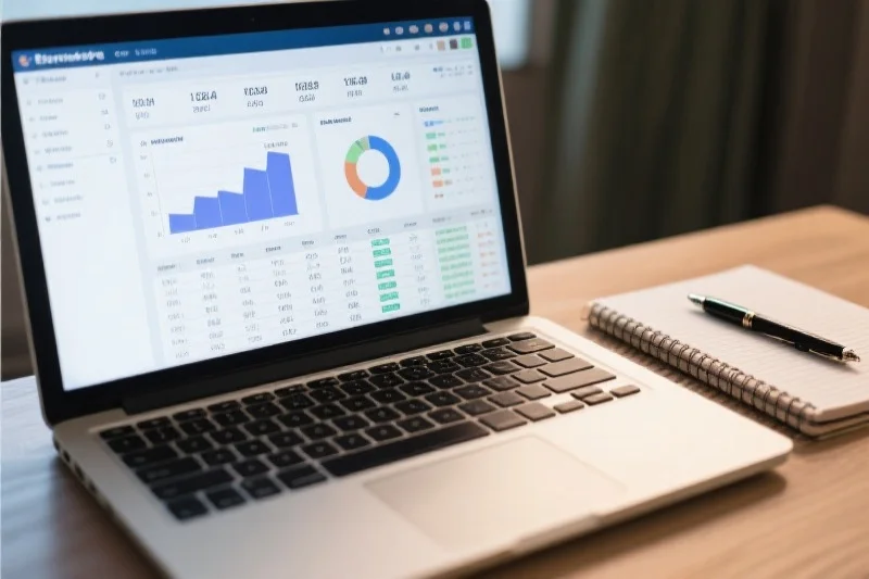 一个开放的笔记本电脑屏幕，上面显示着电子表格软件中的数据图表和数字，旁边放着一支笔和笔记本，整体呈现出学习和分析的氛围